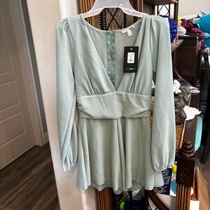 Faux Wrap Long Sleeve Light Sage Mini Dress